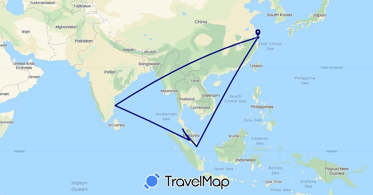TravelMap itinerary: driving in China, India, Malaysia, Singapore (Asia)